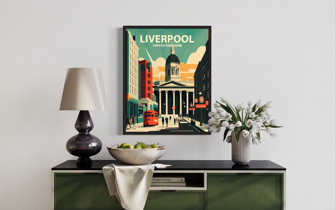 Liverpool United Kingdom Town Hall Red Bus Vintage Travel Poster - Image 2