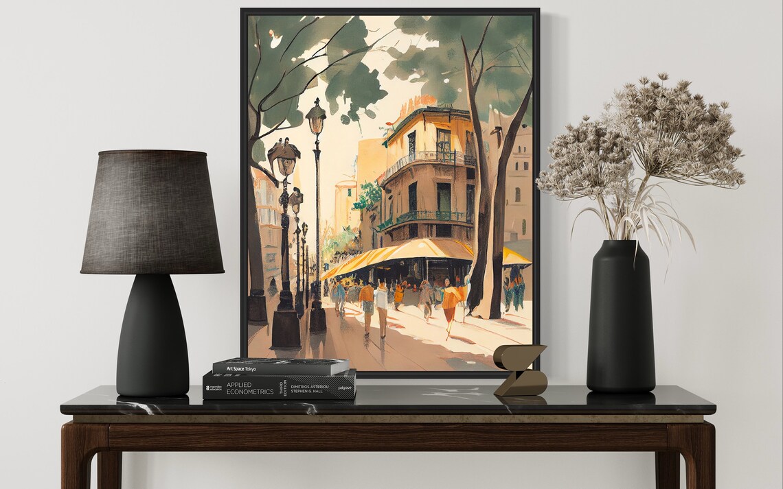La Rambla Barcelona Watercolor Street Lamps Cafe Awnings Art Poster - Image 3