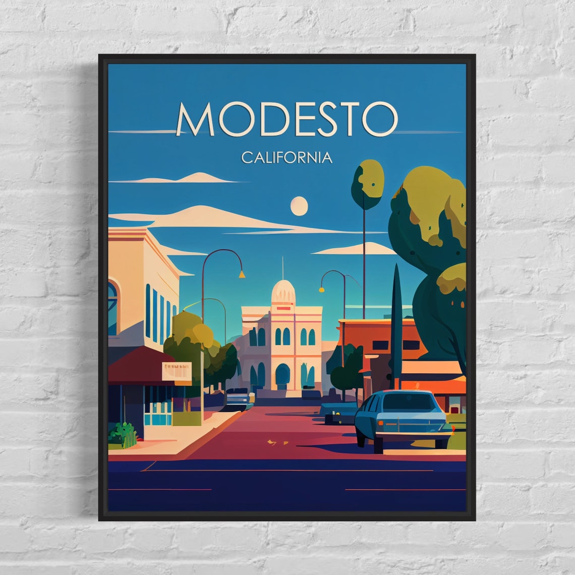 Modesto California Retro Downtown Street Sunny Day Travel Poster