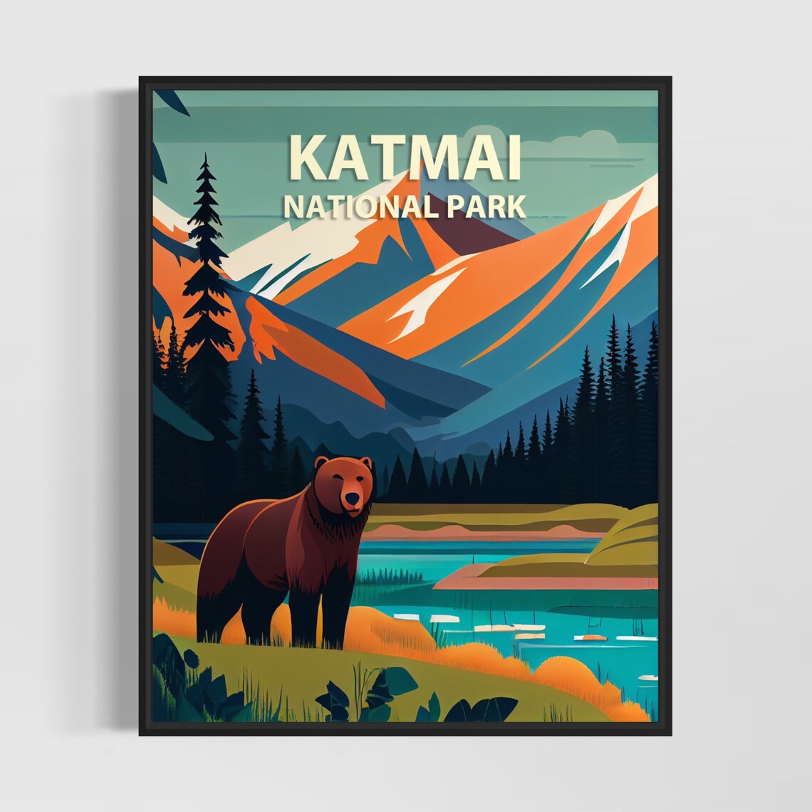 Katmai National Park Alaska Brown Bear Mountains Retro Travel Poster
