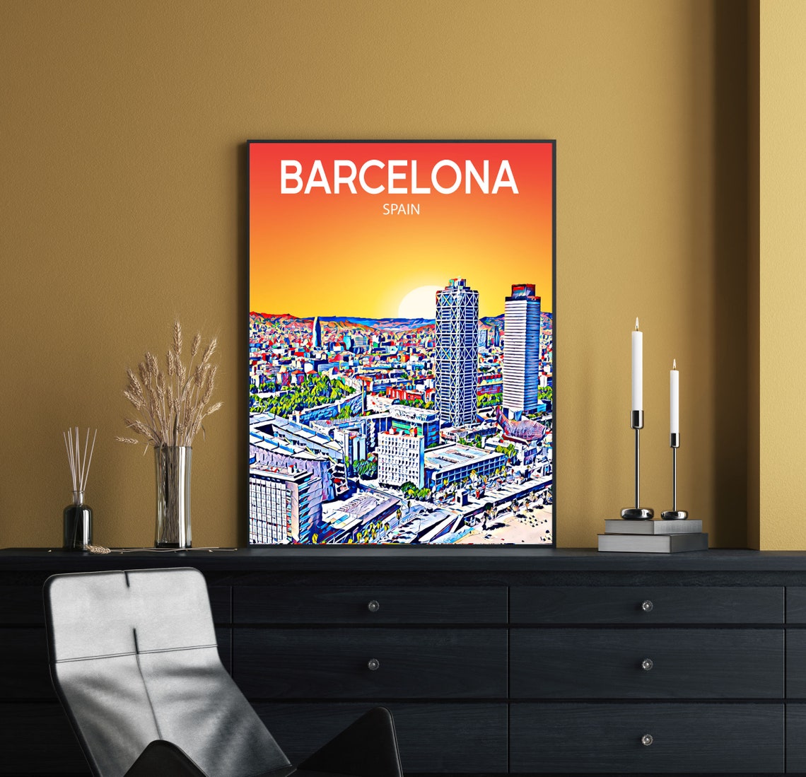 Barcelona Spain Beachfront Towers Sunset Sketch Travel Poster - Image 2