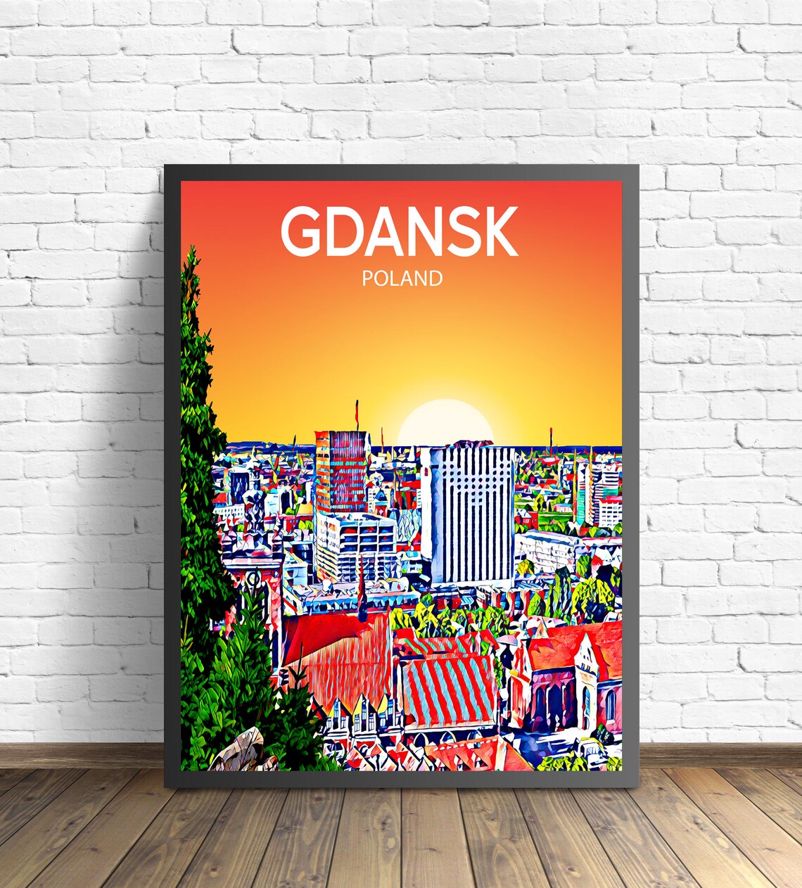 Gdansk Poland Old Town Rooftops Sunset Colorful Pop Art Travel Poster