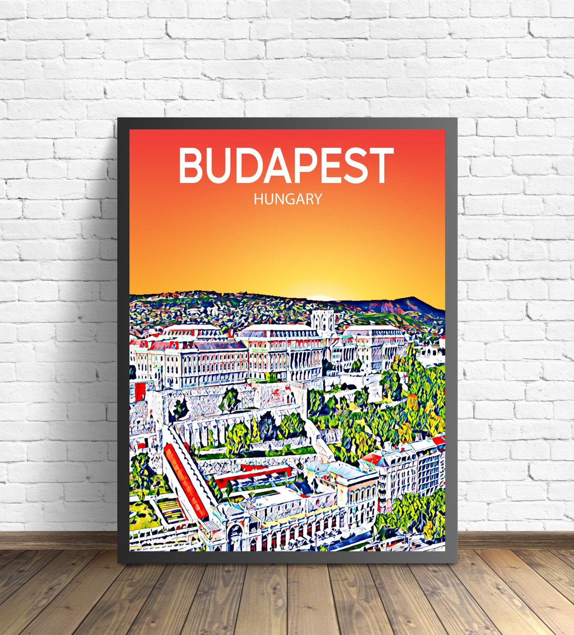 Budapest Hungary Sunset Skyline Buda Castle Sketch Art Poster