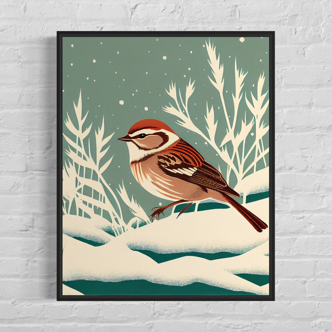 Charming Winter Sparrow in Falling Snow Vintage Bird Art Poster