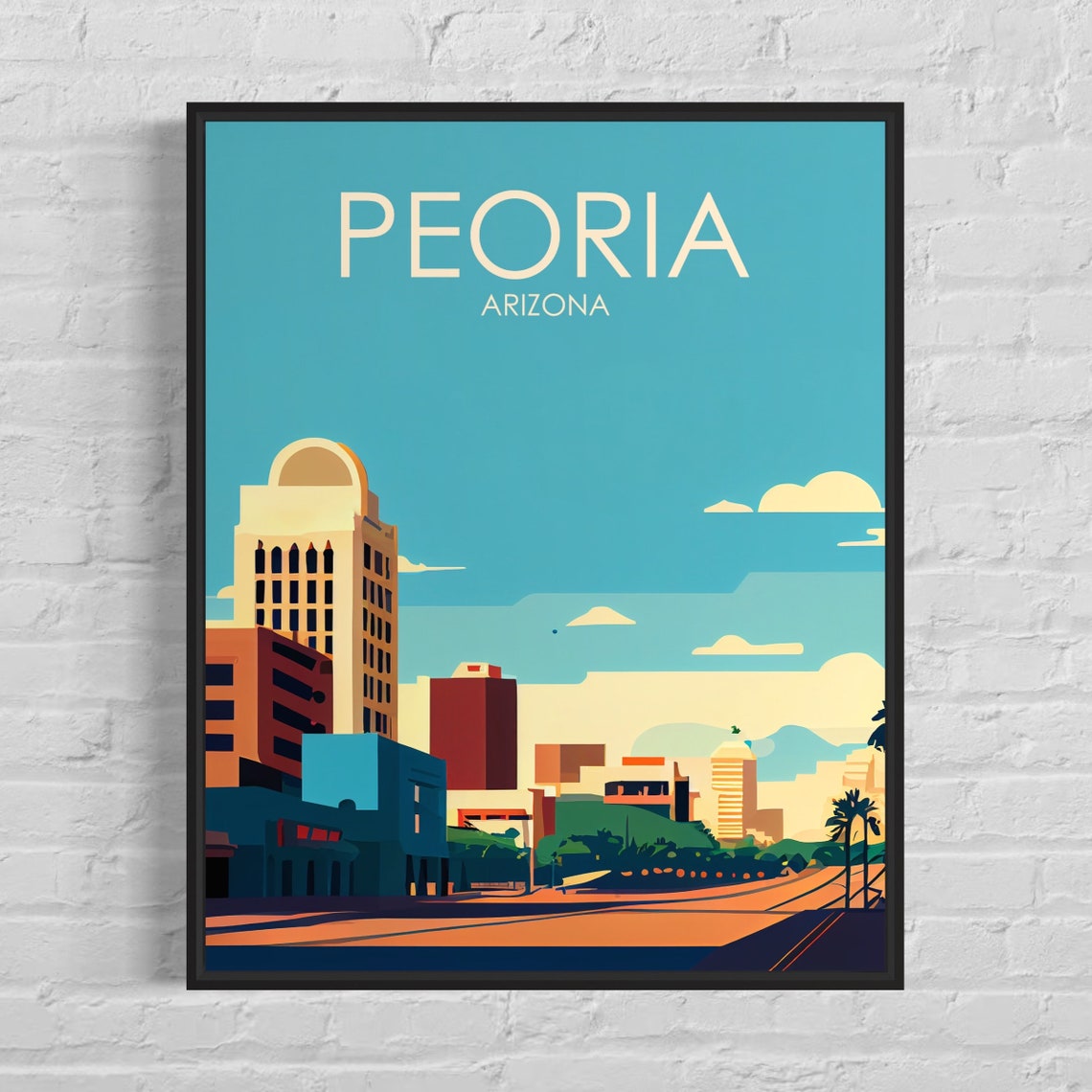 Peoria Arizona Retro Downtown Poster with Palms at Golden Sunset