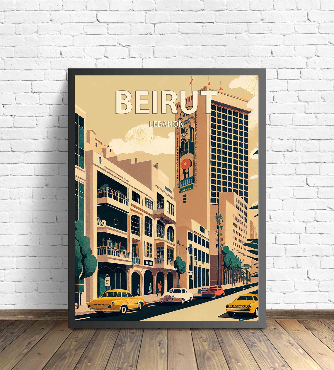 Beirut Lebanon Retro Downtown Street With Yellow Taxis Poster - Image 3