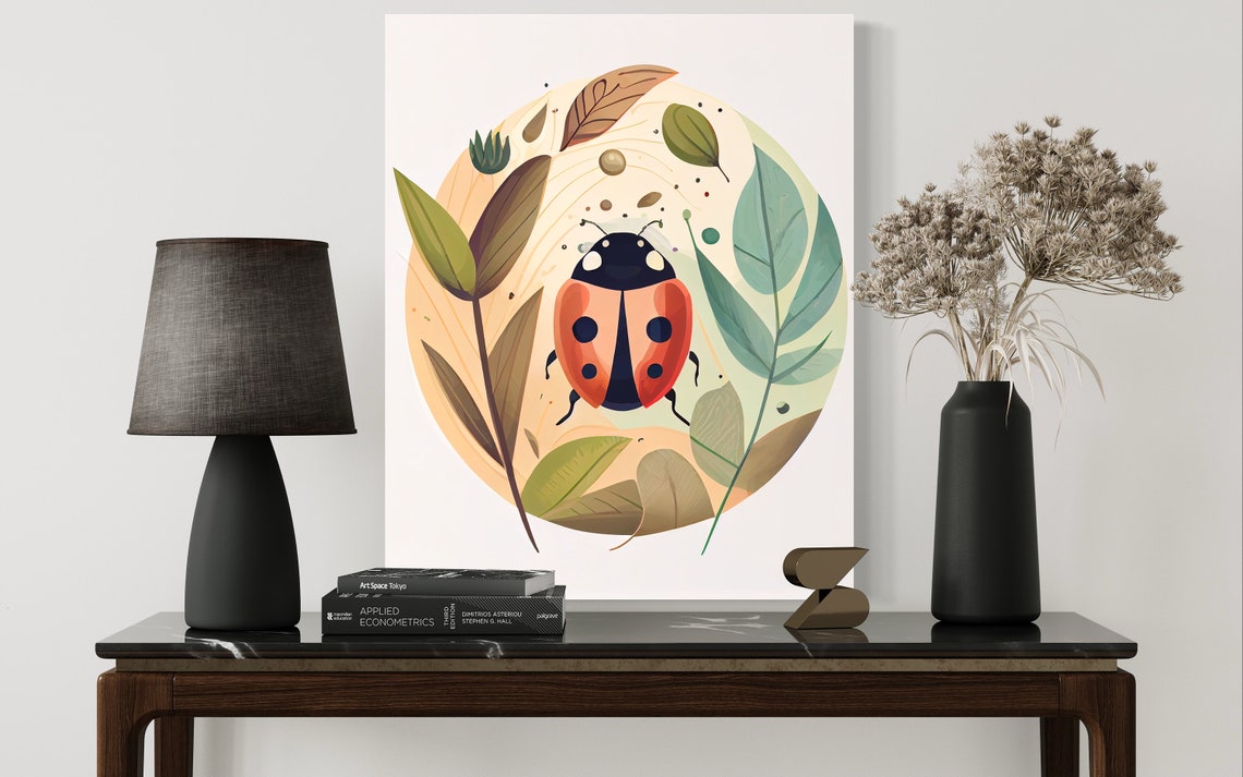 Spotted Ladybug Among Green Leaves Botanical Insect Art Poster - Image 2