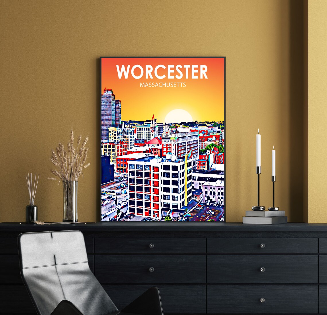 Worcester Massachusetts Colorful Sunset Skyline City Travel Poster - Image 2