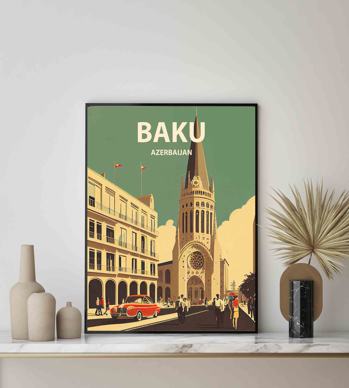 Baku Azerbaijan Historic Old Town Street and Clock Tower Poster - Image 2