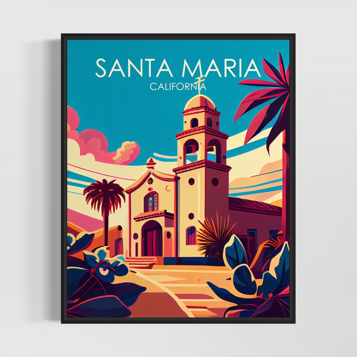 Santa Maria California Mission Style Church Sunset Retro Travel Poster