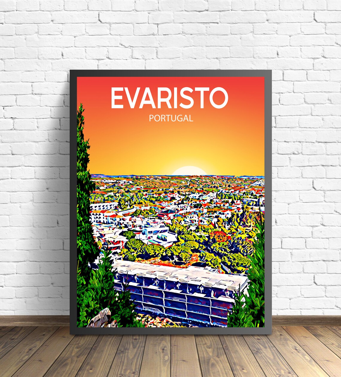Evaristo Portugal Coastal Town Sunset Pop Art Colorful Travel Poster