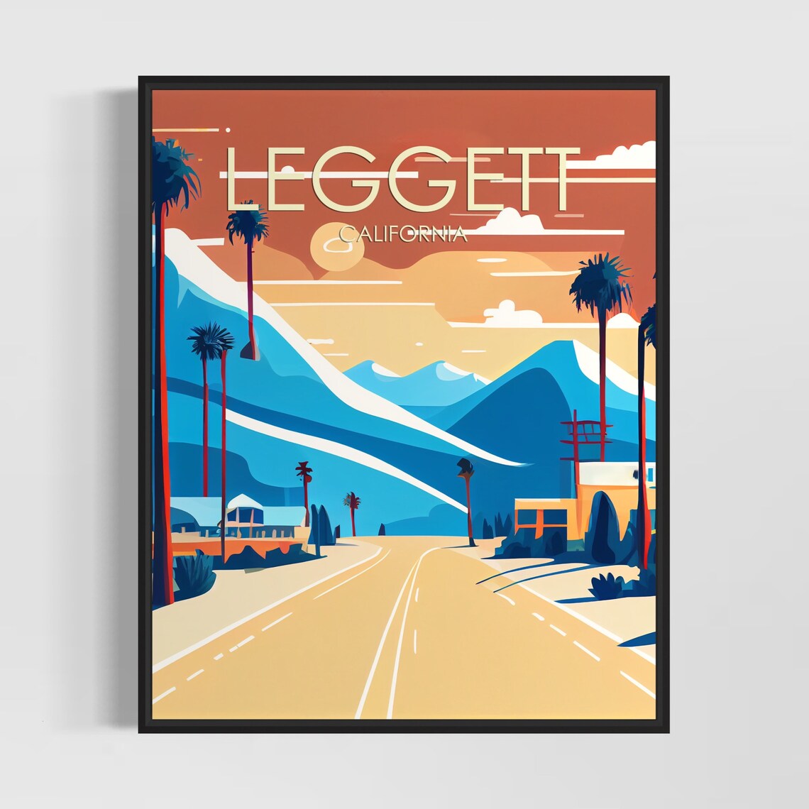 Leggett California Road Palm Mountains Sunset Retro Scenic Poster