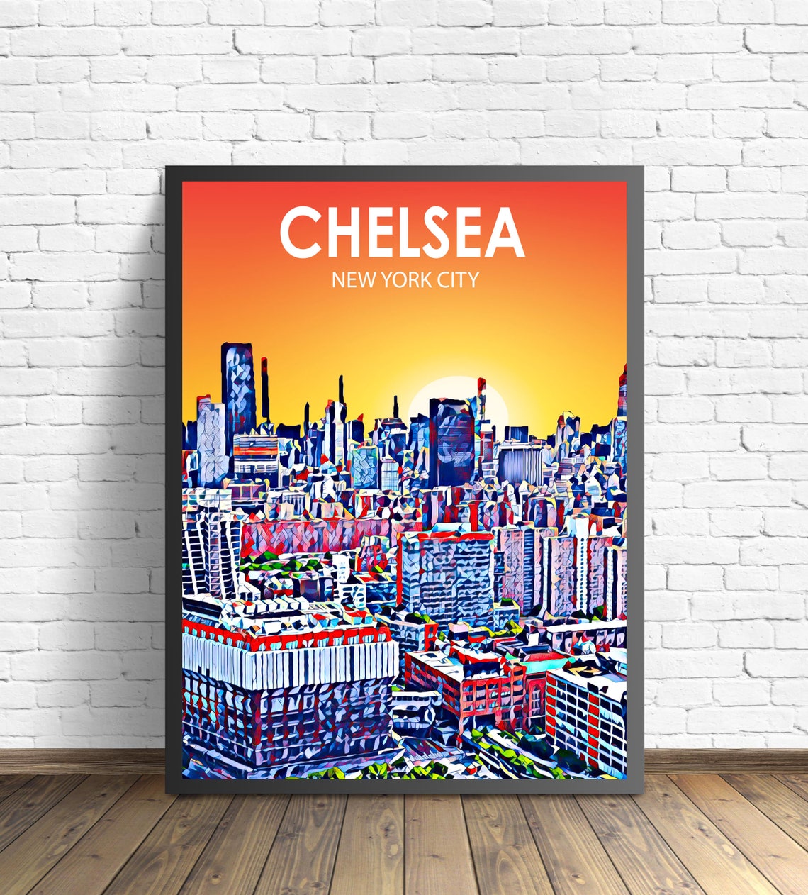 Chelsea New York City Art Poster Sunset Night Landscape Poster Print Chelsea City Framed Wall Art United States Colorful Skyline Sketch
