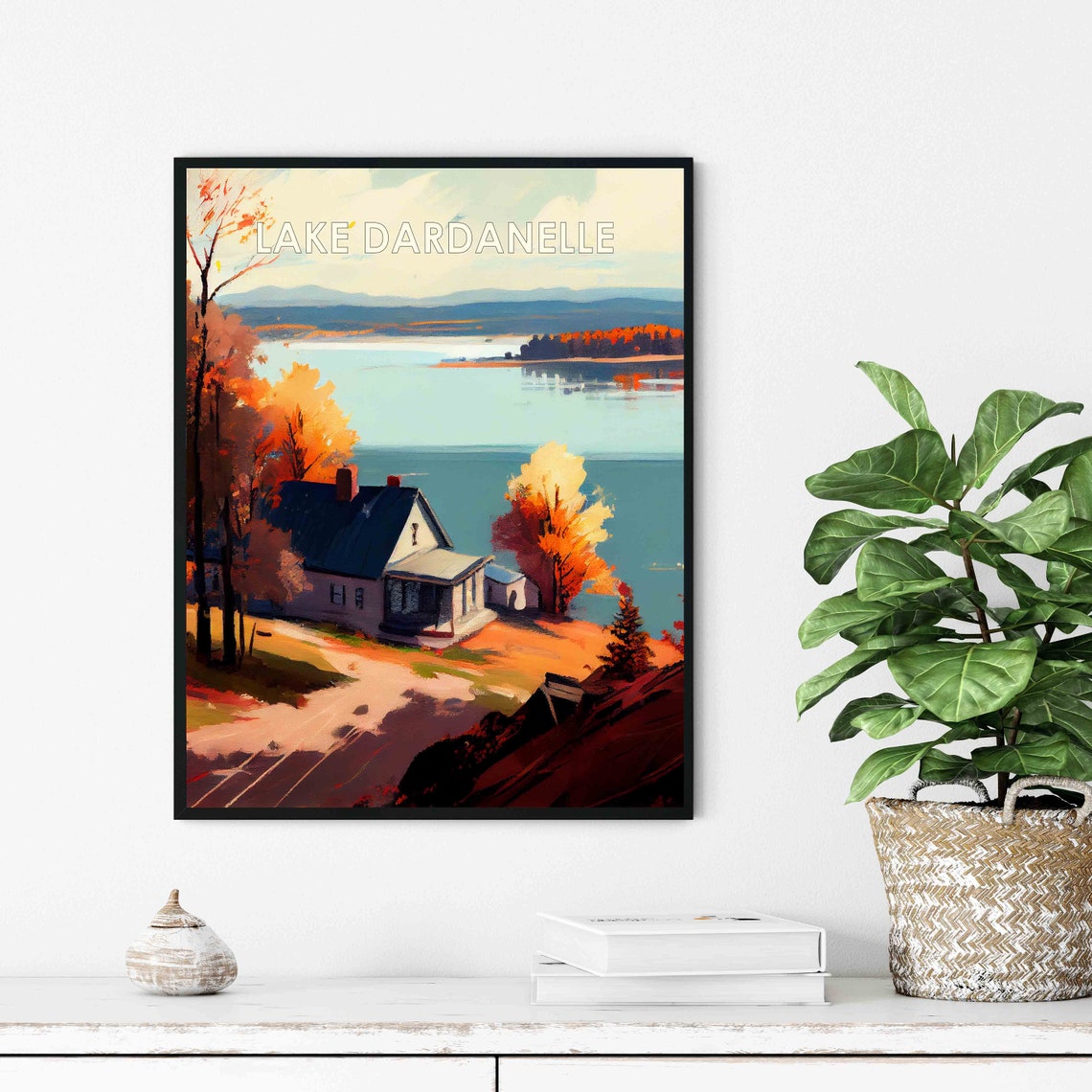 Lake Dardanelle Arkansas Retro Poster with a Lakeside House in Autumn - Image 3
