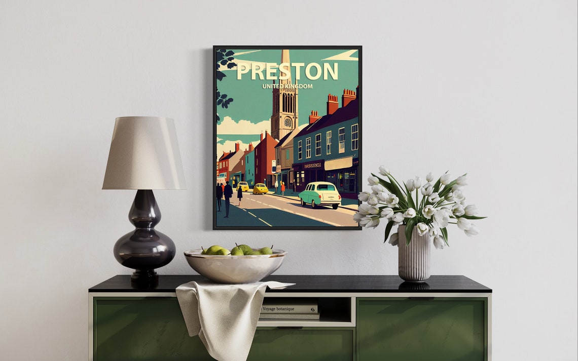 Preston United Kingdom Vintage Church High Street Scene Poster - Image 3