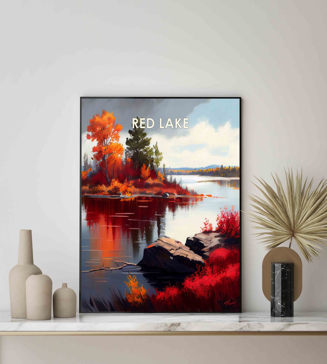 Red Lake Minnesota Retro Poster with Fiery Autumn Foliage by the Water - Image 2