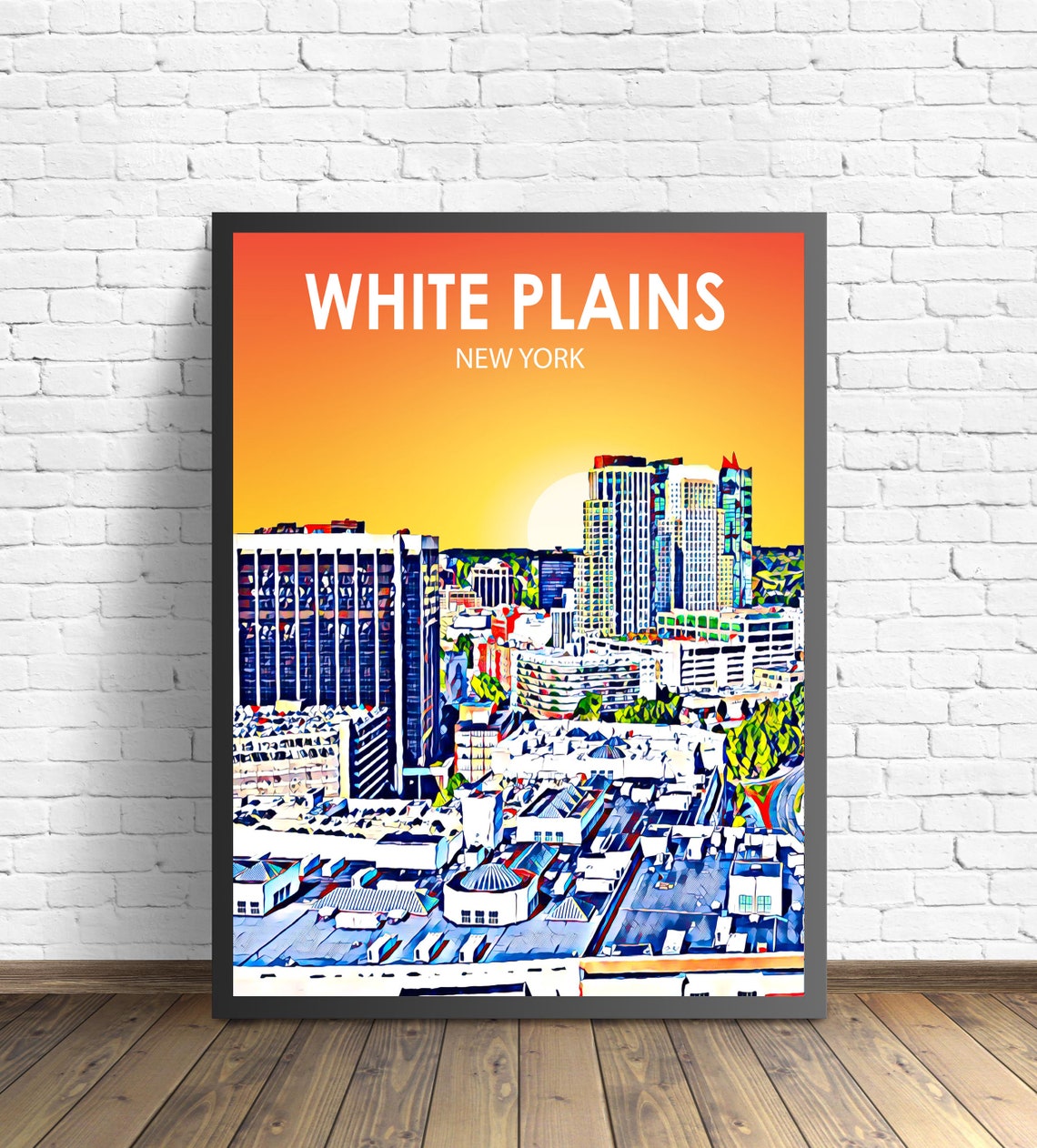 White Plains New York Vibrant Sunset Cityscape Travel Poster