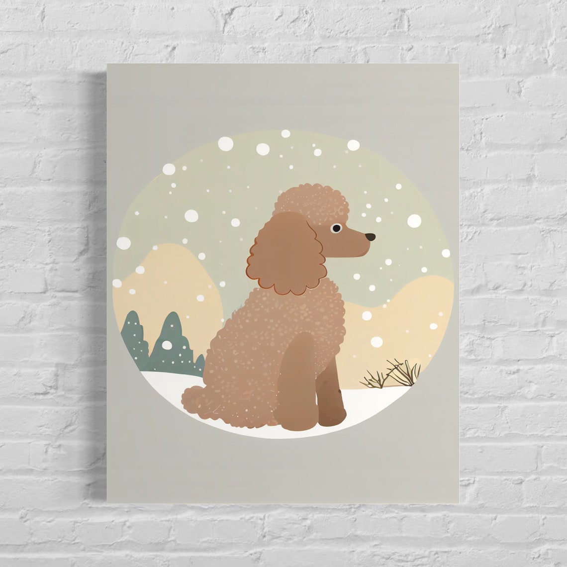 Curly Brown Poodle Sitting in Snowfall Winter Dog Art Poster