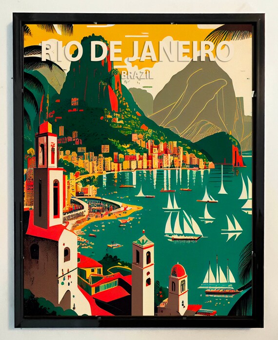 Rio de Janeiro Brazil Harbor Sailboats Golden Hills Travel Poster