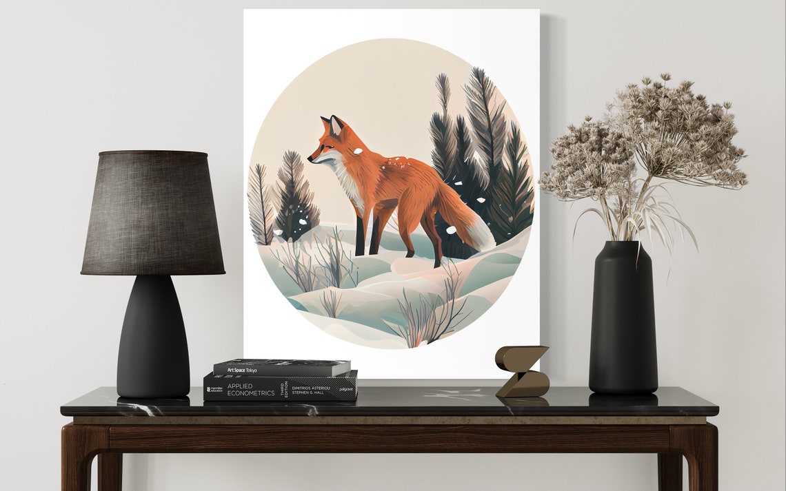 Red Fox Standing in a Snowy Pine Forest Winter Wildlife Art Poster - Image 2