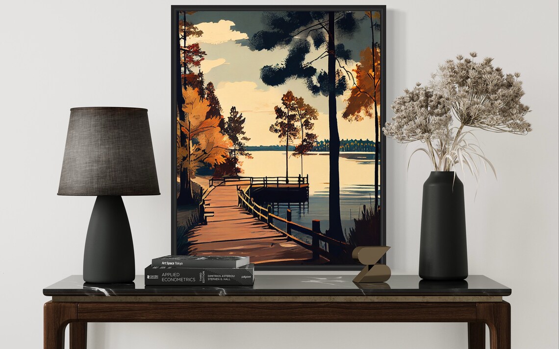 Serene Autumn Lake Wooden Dock Golden Sunset Landscape Art Poster - Image 2