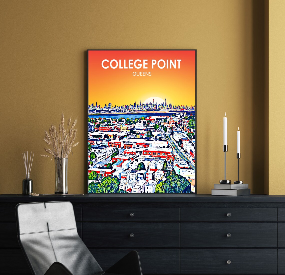 College Point Queens NYC Sunset Waterfront Sketch Travel Poster - Image 2