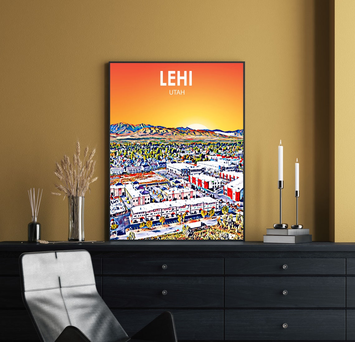 Framed Lehi Utah Colorful Sunset Skyline City Travel Art Poster - Image 2