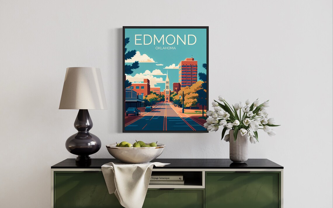 Edmond Oklahoma Retro Downtown Street Church Steeple Art Poster - Image 3