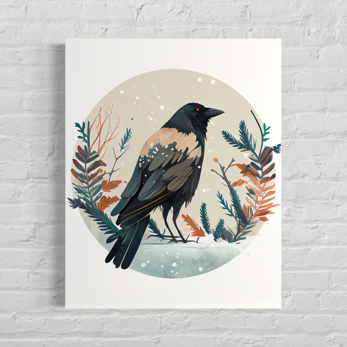 Hooded Crow Winter Foliage Circle Snow Botanical Illustration Poster