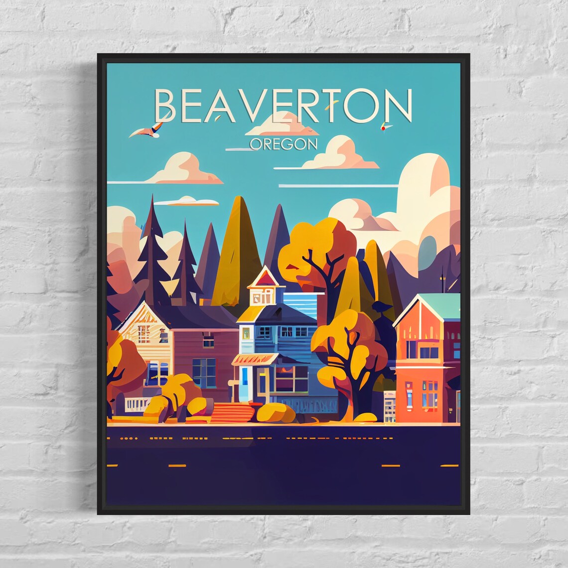 Beaverton Oregon Autumn Neighborhood Street Vintage Travel Poster