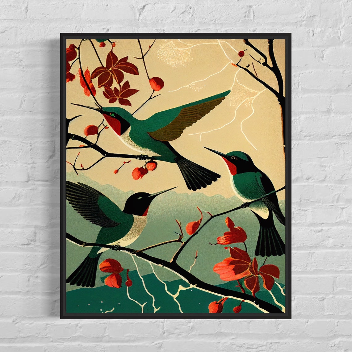 Ruby Throated Hummingbirds Among Red Blossoms Retro Art Poster