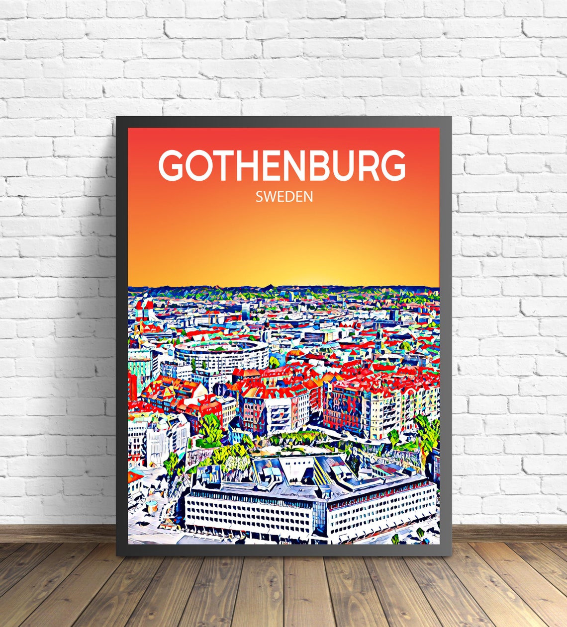 Gothenburg Sweden Sunset Skyline Vibrant Mosaic Cityscape Art Poster