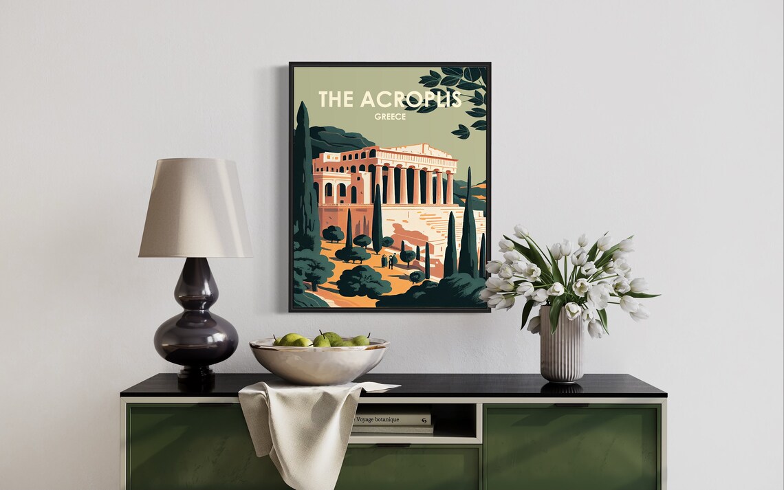 The Acropolis Greece Retro Parthenon Cypress Travel Art Poster - Image 2