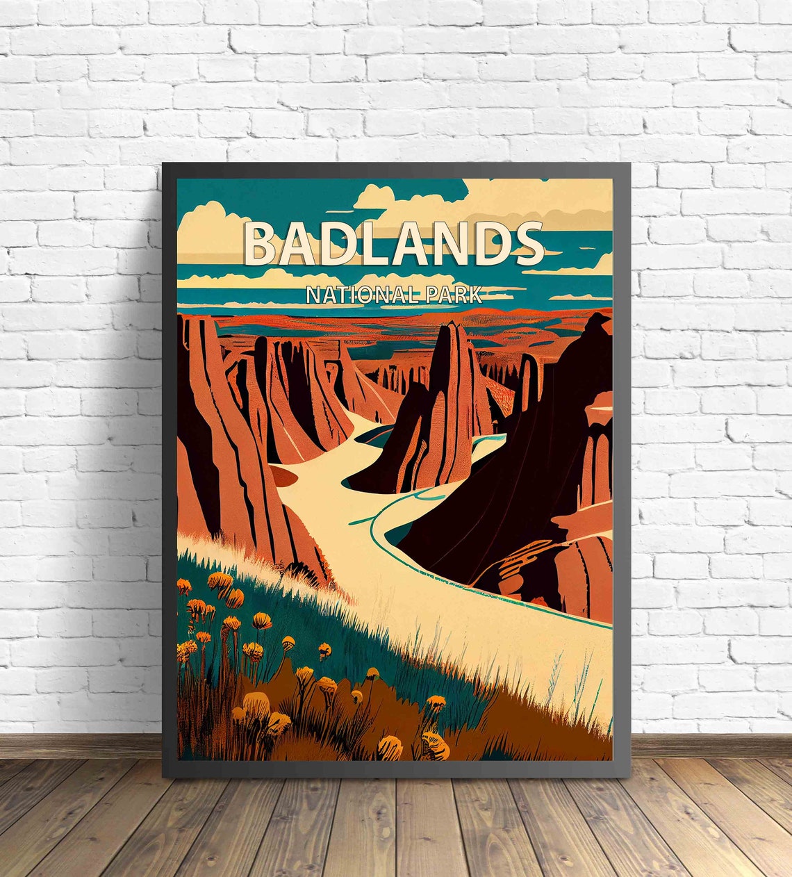 Badlands National Park Retro Canyon Overlook Wildflower Travel Poster