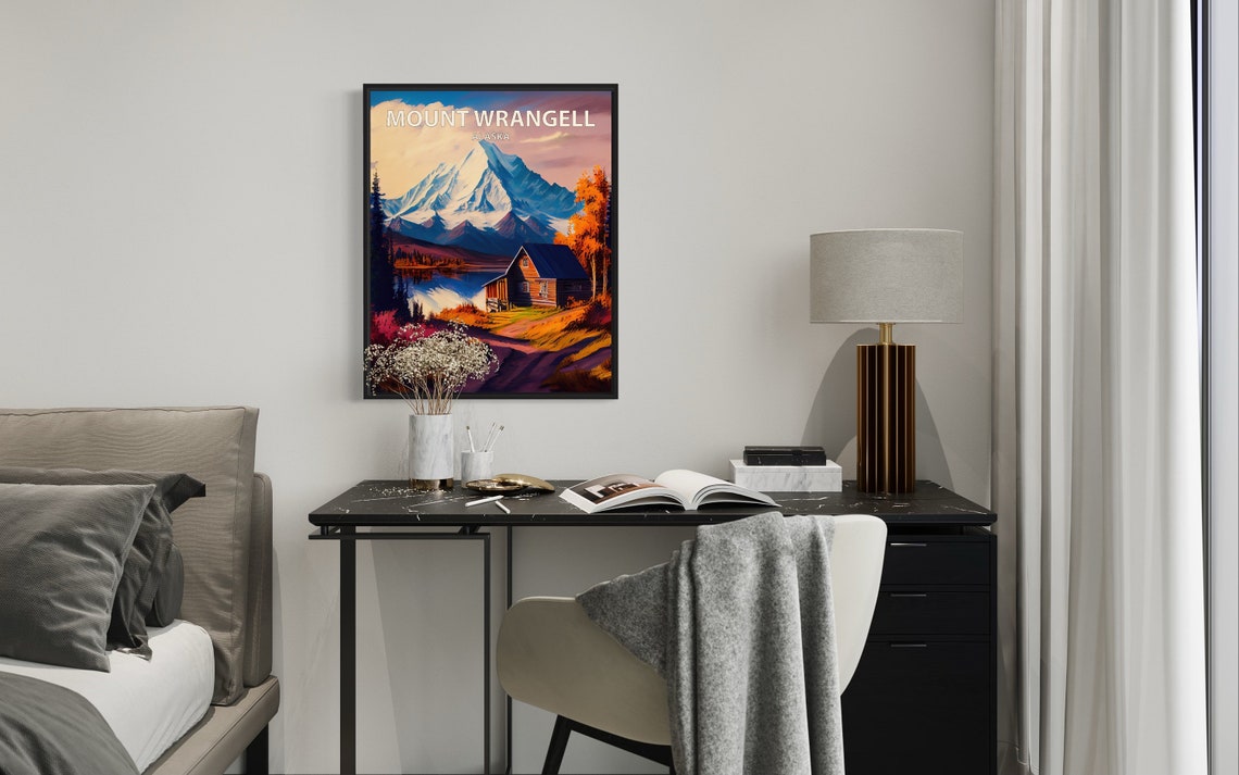 Mount Wrangell Alaska Volcano Cabin Lakeside Autumn Art Poster - Image 2
