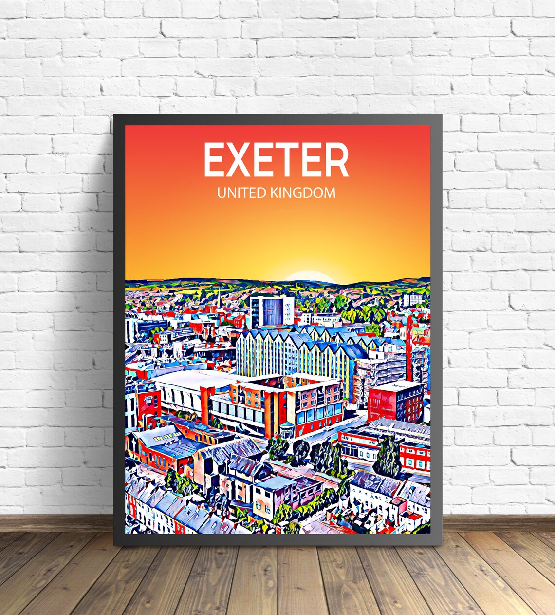 Exeter United Kingdom Sunset Rooftops City Panorama Travel Poster