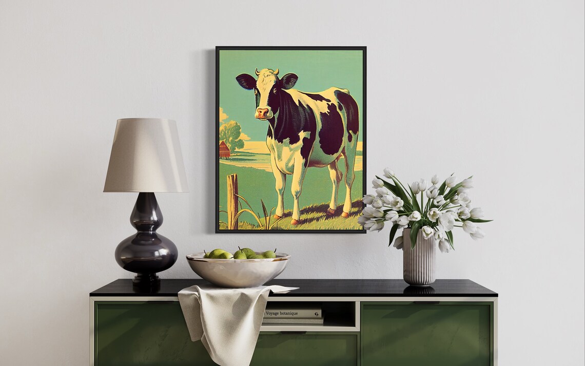 Vintage Holstein Cow Farm Animal Retro Pasture Illustration Poster - Image 3