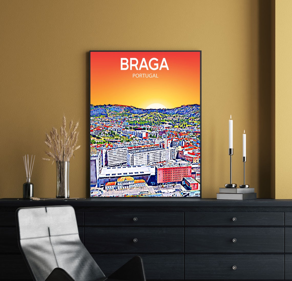 Braga Portugal Sunset Skyline Hillside Sketch Travel Poster Art - Image 2