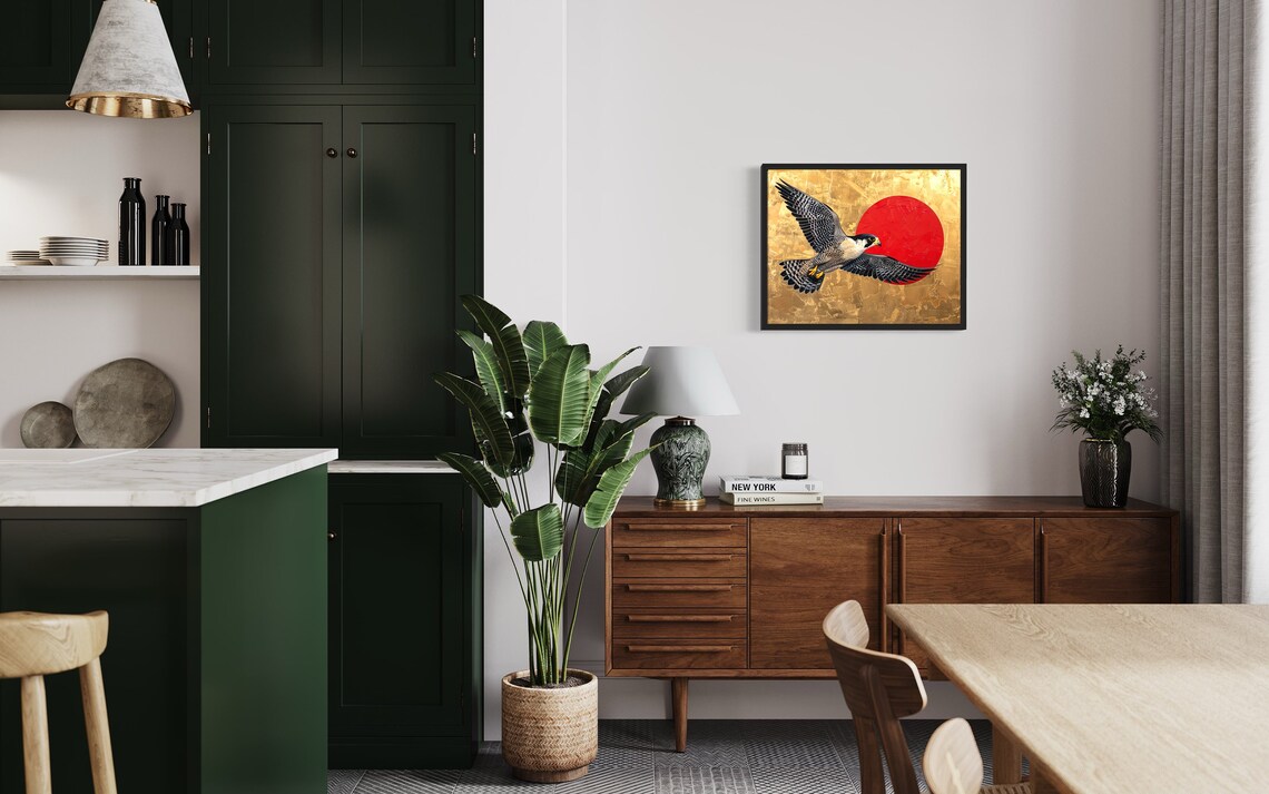 Majestic Peregrine Falcon Soaring Past Red Sun Gold Art Poster - Image 3