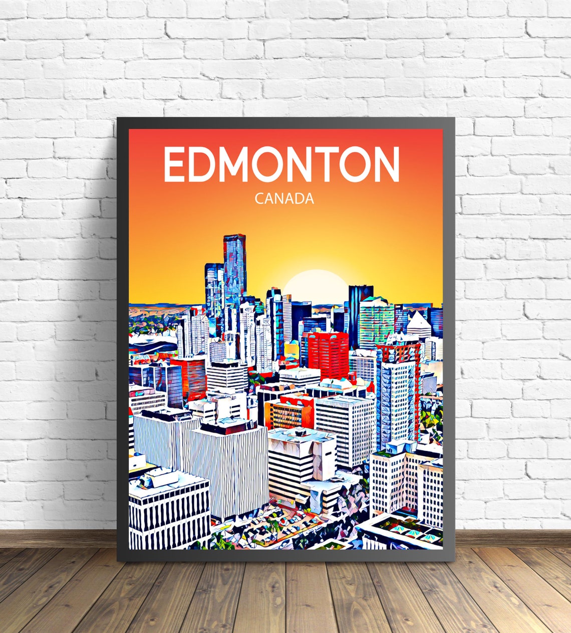 Edmonton Canada Downtown Towers Sunset Colorful Pop Art Travel Poster