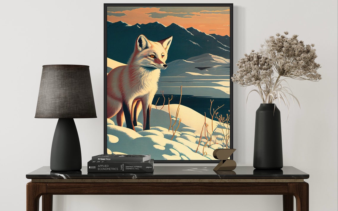 Alert Arctic Fox Standing in Snow Beneath a Peach Sunset Poster - Image 2