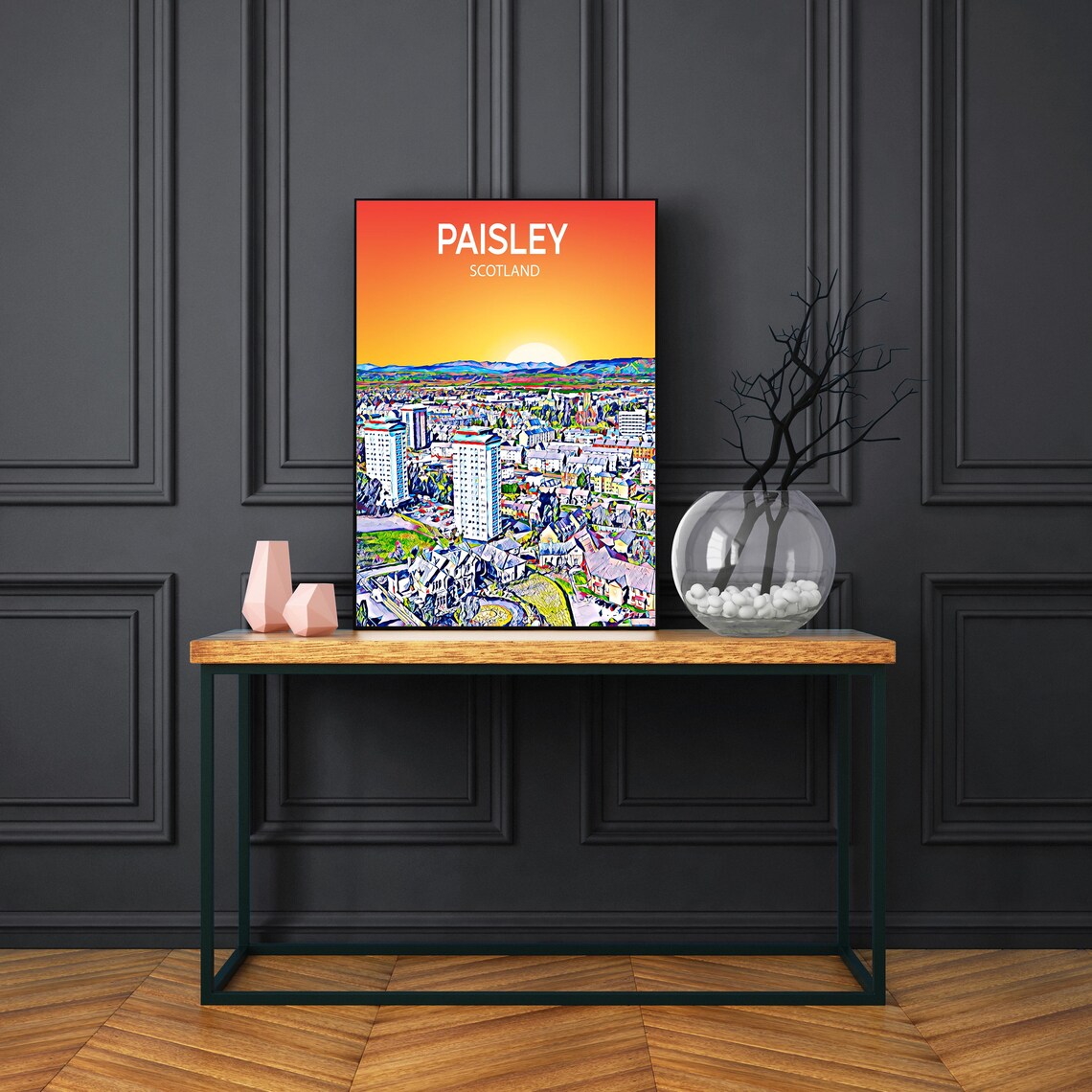 Paisley Scotland Sunset Skyline Colorful Pop Art City Travel Poster - Image 3
