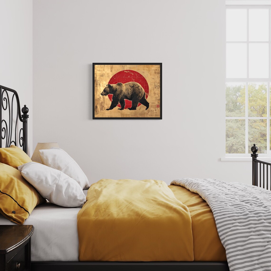 Walking Grizzly Bear Against Red Sun Asian Gold Style Poster - Image 3