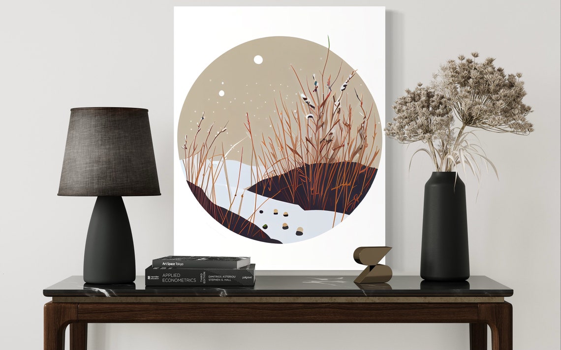 Snowy Winter Pond at Dusk With Reeds and a Rising Moon Art Poster - Image 2