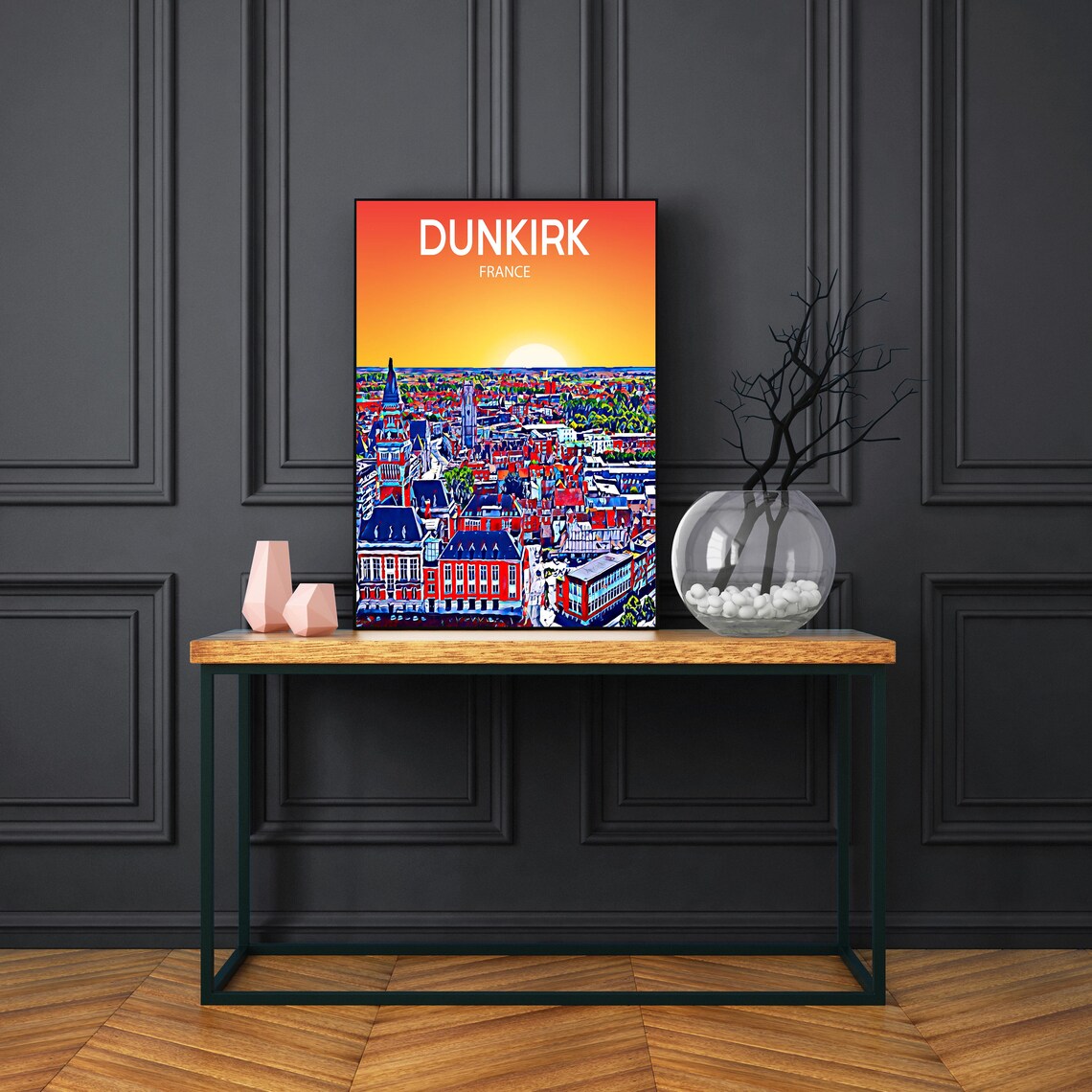 Dunkirk France Moonlit Night Skyline Pop Art City Travel Poster - Image 3