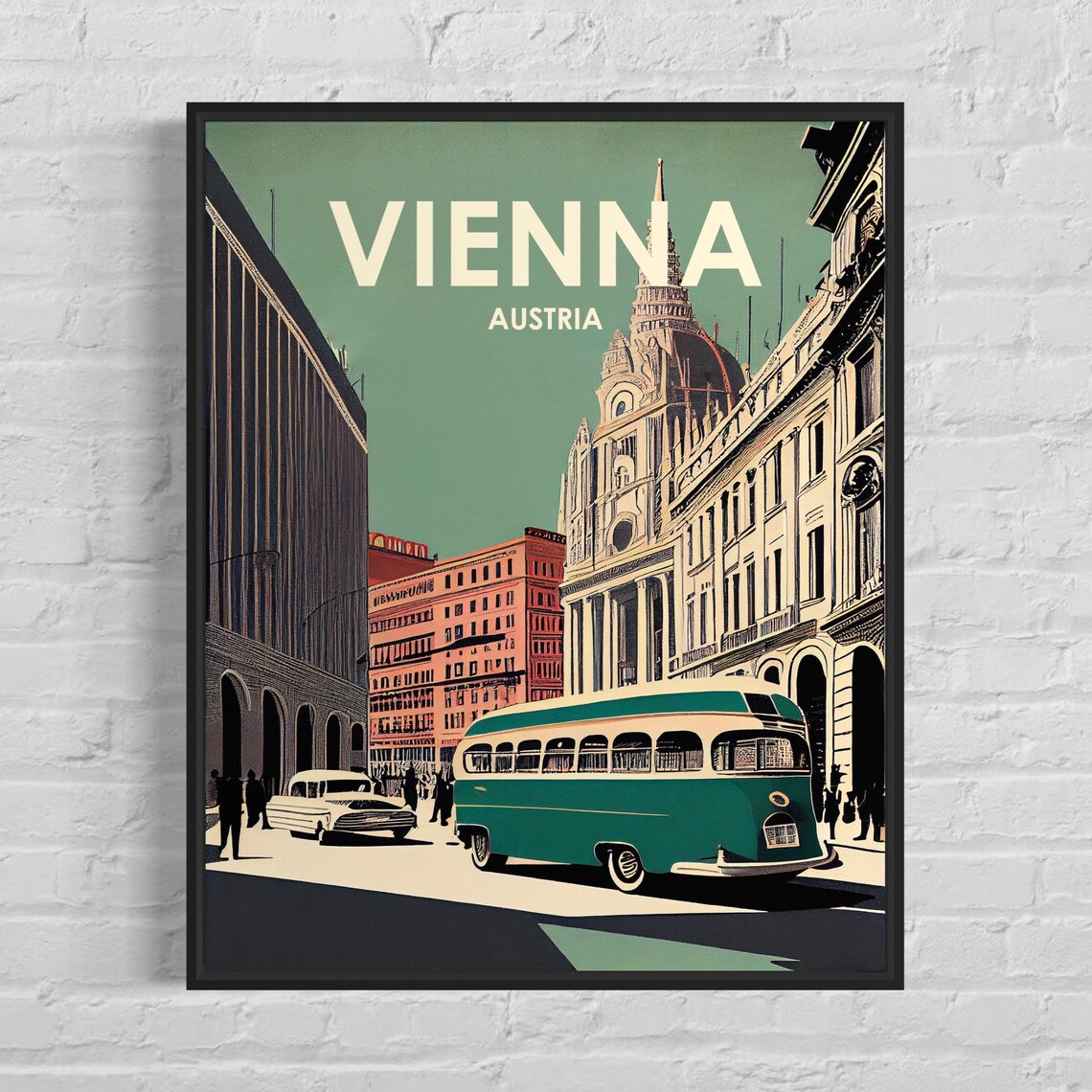 Vienna Austria Retro Street Scene With Vintage Green Bus Travel Poster