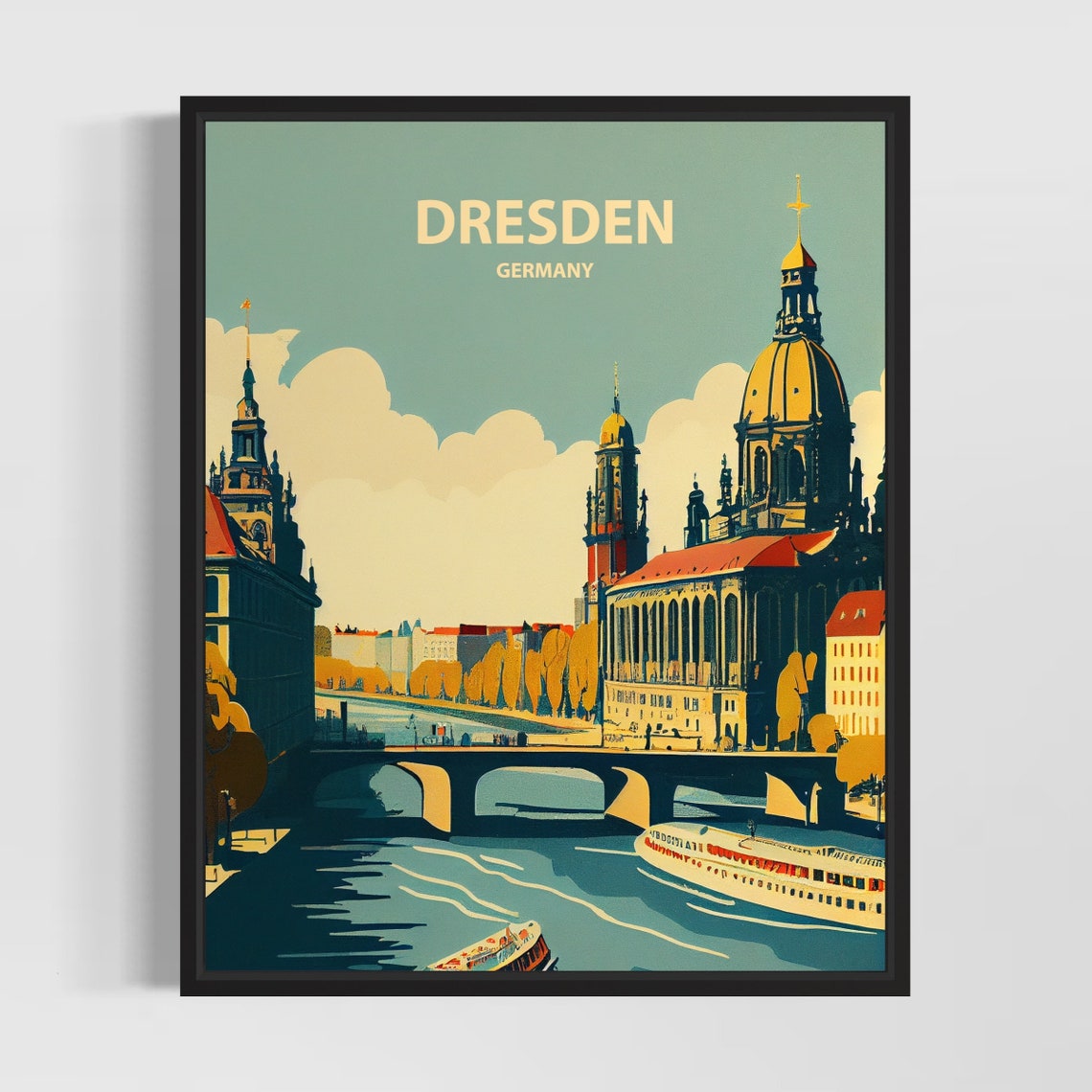 Dresden Germany Elbe River Cathedral Bridge Vintage Travel Poster