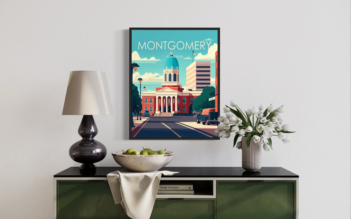 Montgomery Alabama Vintage Retro Courthouse Classic Car Travel Poster - Image 3
