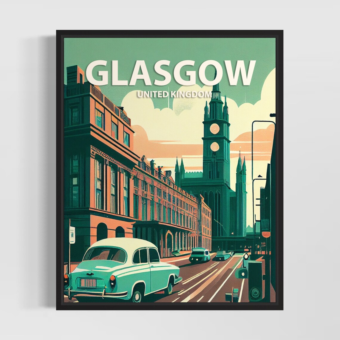 Glasgow United Kingdom Vintage Street Scene with Classic Car Poster