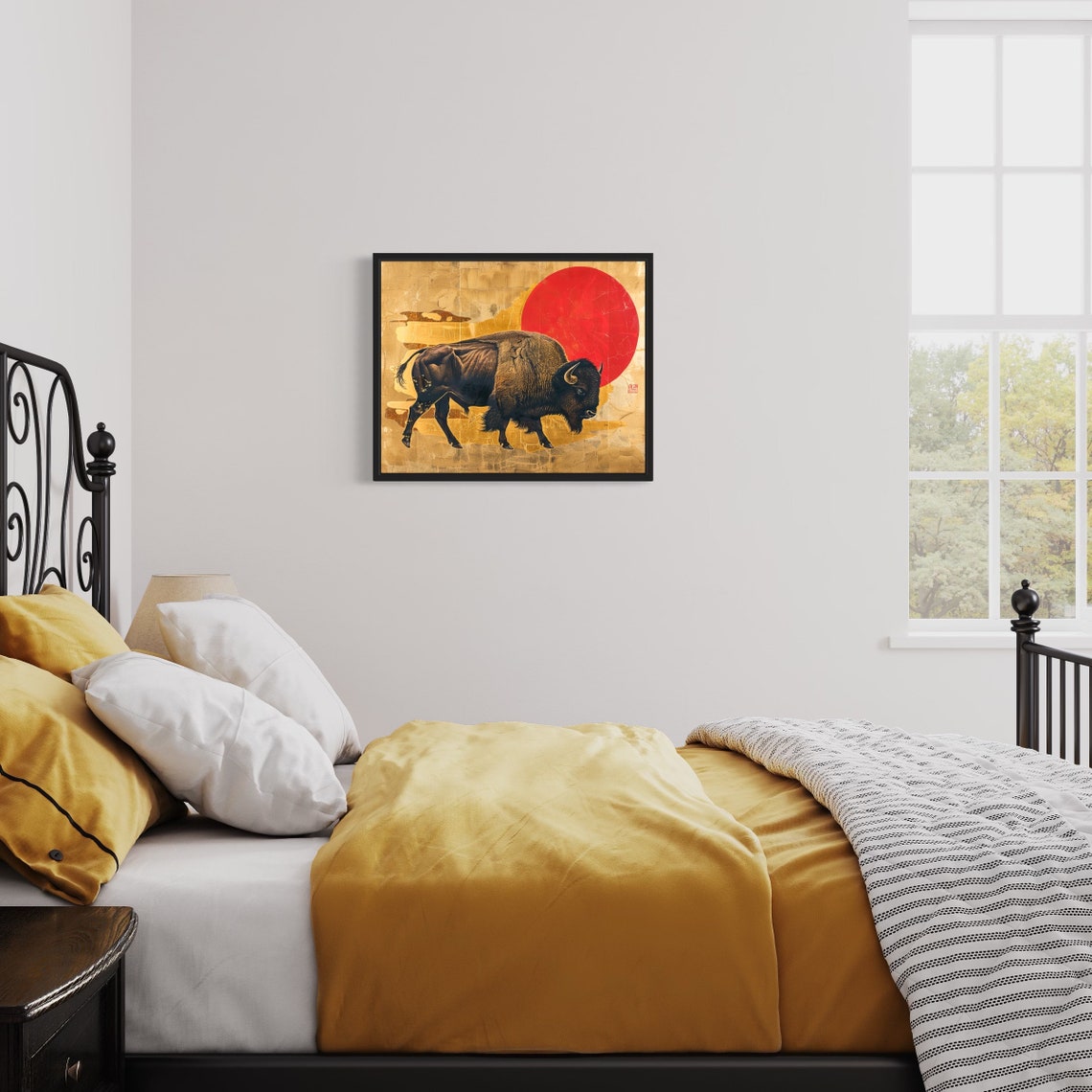 American Bison Standing Before Red Sun Asian Gold Art Poster - Image 3